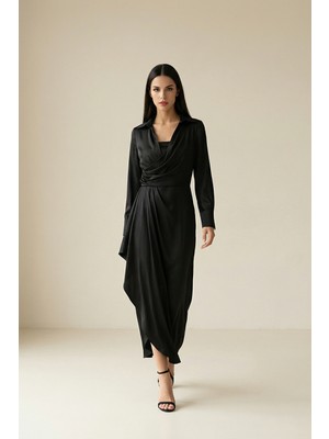 Setre Siyah Gömlek Yaka Kruvaze Kapama Uzun Kollu Midi Boy Elbise