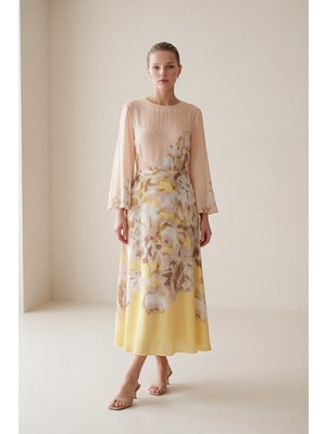 Setre Somon Belden Oturtmalı Uzun Kollu Rahat Kesim Desenli Elbise