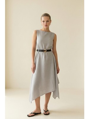 Setre Bebe Mavi Kemer Detaylı Kolsuz Asimetrik Kesim Elbise