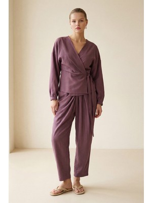 Setre Bordo Kruvaze Yaka Bağlama Detaylı Uzun Kollu Bluz