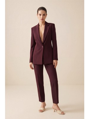 Setre Bordo Tek Düğme Detaylı Ceket, Cep Detaylı Dar Kalıp Pantolonlu Takım