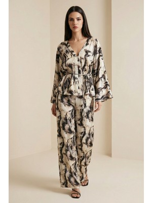 Setre Krem - Acı Kahve Kol Ve Bel Detaylı Belden Bağlama Detaylı Bluz