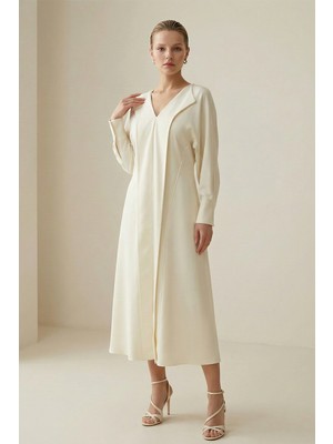 Setre Krem Uzun Kollu Yaka Detaylı Midi Boy Rahat Kesim Elbise