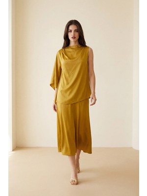 Setre Safran Asimetrik Yaka Detaylı, Tek Kollu Bluz