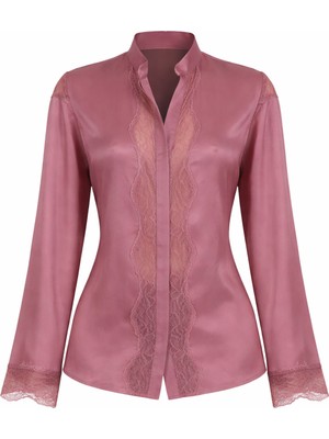 Setre Gül Kurusu Dantel Detaylı Uzun Kollu Rahat Kesim Bluz