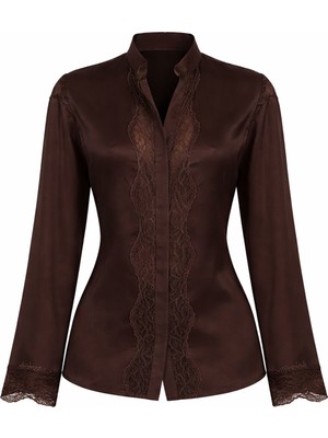 Setre Çikolata Dantel Detaylı Uzun Kollu Rahat Kesim Bluz