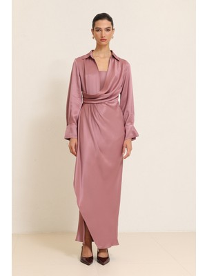 Setre Gül Kurusu Gömlek Yaka Kruvaze Kapama Uzun Kollu Midi Boy Elbise