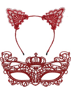 Cekar Store Lüks Kırmızı Dantel Taçlı Maske Seti 2 No - Parti, Balo, Kostüm Aksesuarı (5324)