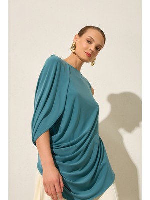 Setre Kuvars Tek Omuz Detaylı, Drapeli Rahat Kesim Bluz