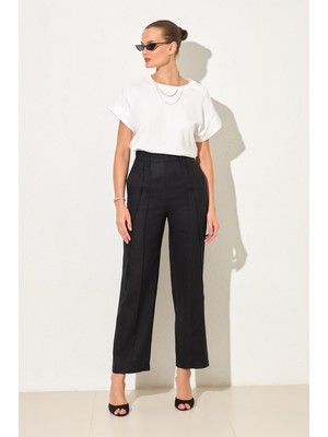 Setre Siyah %100 Keten Pile Ve Cep Detaylı Rahat Kesim Pantolon