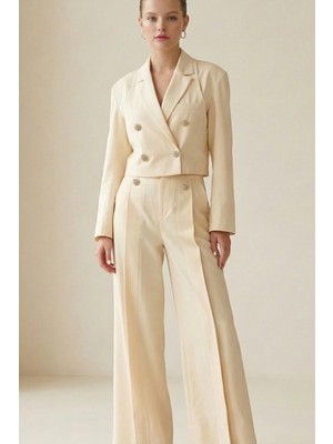 Setre Tereyağ Sarısı Kruvaze Kapama Düğme Detaylı Mini Ceket