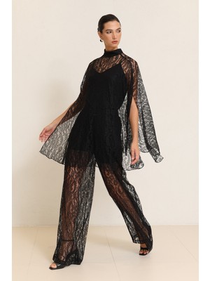 Setre Siyah Transparan Kol Detaylı Balıkçı Yaka Rahat Kesim Dantel Bluz