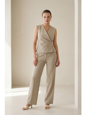 Setre Bej Yüksek Bel, Düz Paça Rahat Kesim Klasik Pantolon