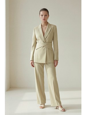 Setre Olive Bel Detaylı Ceket Pantolonlu Takım