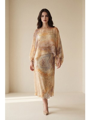 Setre Bej-Lila Transparan Kol Ve Yaka Detaylı Desenli Rahat Kesim Bluz