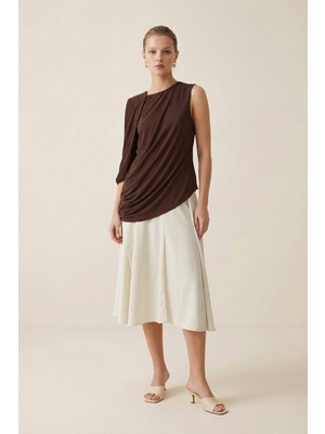 Setre Acı-Kahve Omuz Ve Drape Detaylı Kolsuz Rahat Kesim Bluz