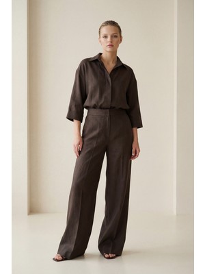 Setre Acı-Kahve %100 Keten Cep Detaylı Rahat Kesim Pantolon