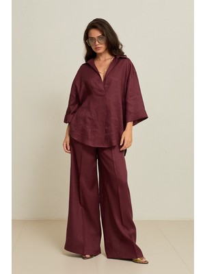 Setre Vişne %100 Keten V Yaka Yarım Kol Detaylı Rahat Kesim Gömlek