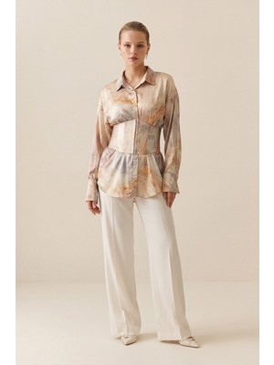 Setre Bej-Lila Korse Detaylı Uzun Kollu Desenli Gömlek