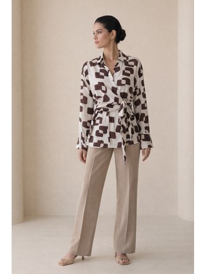 Setre Krem - Acı Kahve Belden Bağlama Detaylı Tam Kalıp Uzun Kollu Gömlek