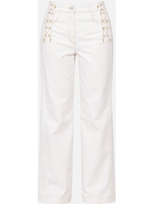 Setre Ekru %100 Pamuk Yanlardan Bağlama Detaylı Rahat Kesim Jean