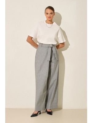 Setre Gri Melanj Belde Düğme ve Pile Detaylı Cepli Rahat Kesim Pantolon