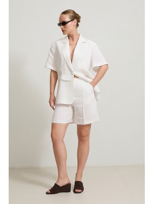 Setre Ekru %100 Keten Düğme Ve Bel Detaylı Geniş Kalıp Kısa Kollu Ceket