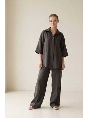 Setre Acı-Kahve %100 Keten V Yaka Yarım Kol Detaylı Rahat Kesim Gömlek