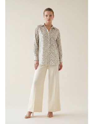 Setre Ekru-Gri Desenli Rahat Kesim Uzun Kollu Gömlek
