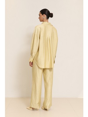 Setre Olive Kumaş Detaylı Rahat Kesim Uzun Kollu Gömlek