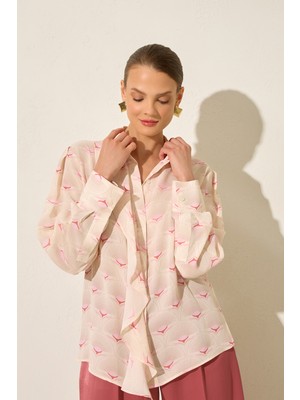 Setre Krem Desenli Kumaş Detaylı Uzun Kollu Gömlek