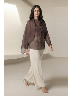 Setre Kahve %100 Keten Drape Detaylı Kumaş Detaylı Uzun Kollu Rahat Kesim Gömlek