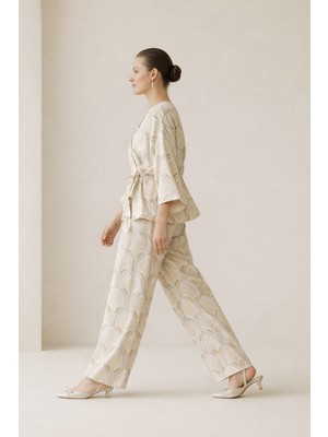 Setre Krem Desenli Rahat Kesim Pantolon