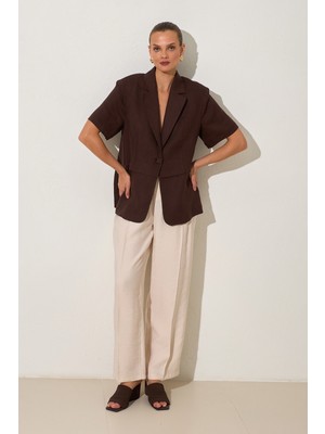 Setre Acı-Kahve %100 Keten Düğme Ve Bel Detaylı Geniş Kalıp Kısa Kollu Ceket