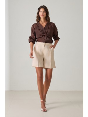 Setre Bej %100 Keten Pile Detaylı Rahat Kesim Şort