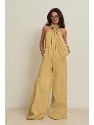 Setre Olive Boyundan Aksesuar Detaylı Rahat Kesim Cepli Tulum