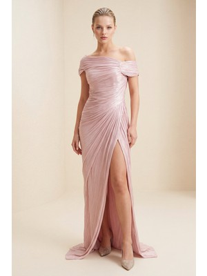 Setre Pudra Yaka Ve Drape Detaylı Yırtmaçlı Uzun Abiye Elbise