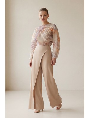 Setre Bej Pilise Üst Detaylı, Geniş Paça Tulum