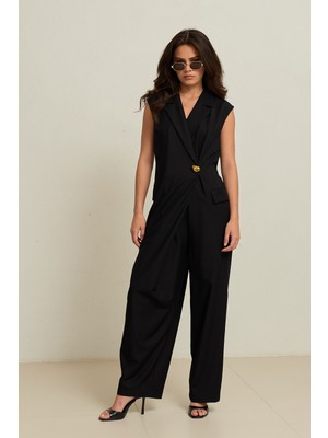 Setre Siyah Çizgili Düğme ve Cep Detaylı Pantolonlu Kolsuz Tulum