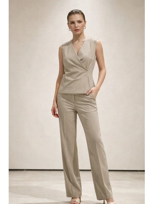 Setre Bej Kruvaze Kapama Belden Detaylı Yelek