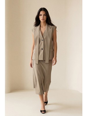 Setre Vizon Kolsuz Şal Ve Cep Detaylı Ceket Yelek