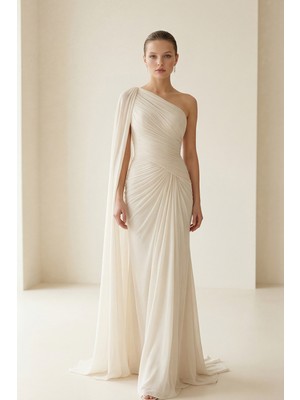 Setre Taş Tek Kol Pelerin Detaylı Tam Kalıp Abiye Elbise