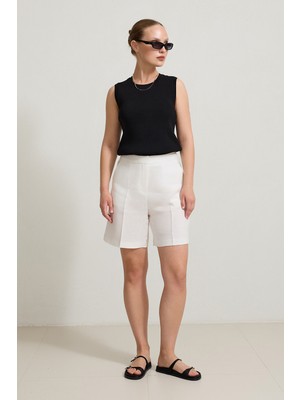 Setre Ekru %100 Keten Pile Detaylı Rahat Kesim Şort