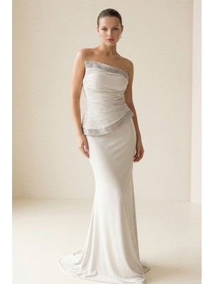 Setre Taş Straptez Taş ve Drape Detaylı Tam Kalıp Uzun Abiye Elbise