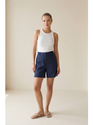 Setre Lacivert %100 Keten Cep Detaylı Rahat Kesim Şort