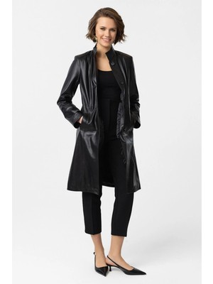 Deriderim Siyah Laura Uzun Kadın Düğmeli Dar Fit kesim Astarlı Uzun Hakiki Deri Kaban