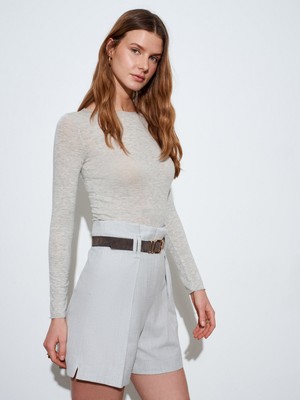 Dilvin 72264 Kemerli Yüksek Bel Şort-Gri