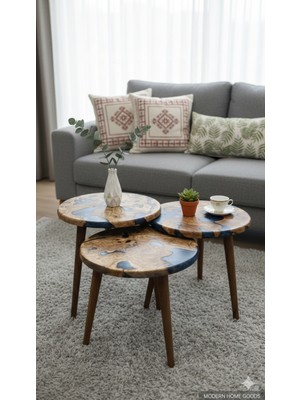 Gökçesan Mobilya Ahşap & Epoksi 3'lü Zigon Sehpa | Doğal Ahşap | Masif, Uzun Ömürlü | 50CM Çap