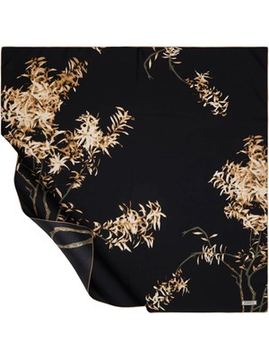 Emproyal Ipekevi Twill Ipek Eşarp - Forsythia Desenli - Siyah Altın