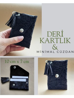 Hakiki Eskitme Deri Kadın Minimal Avuçiçi Tasarım Kartlık & Cüzdan Antrasit Siyah